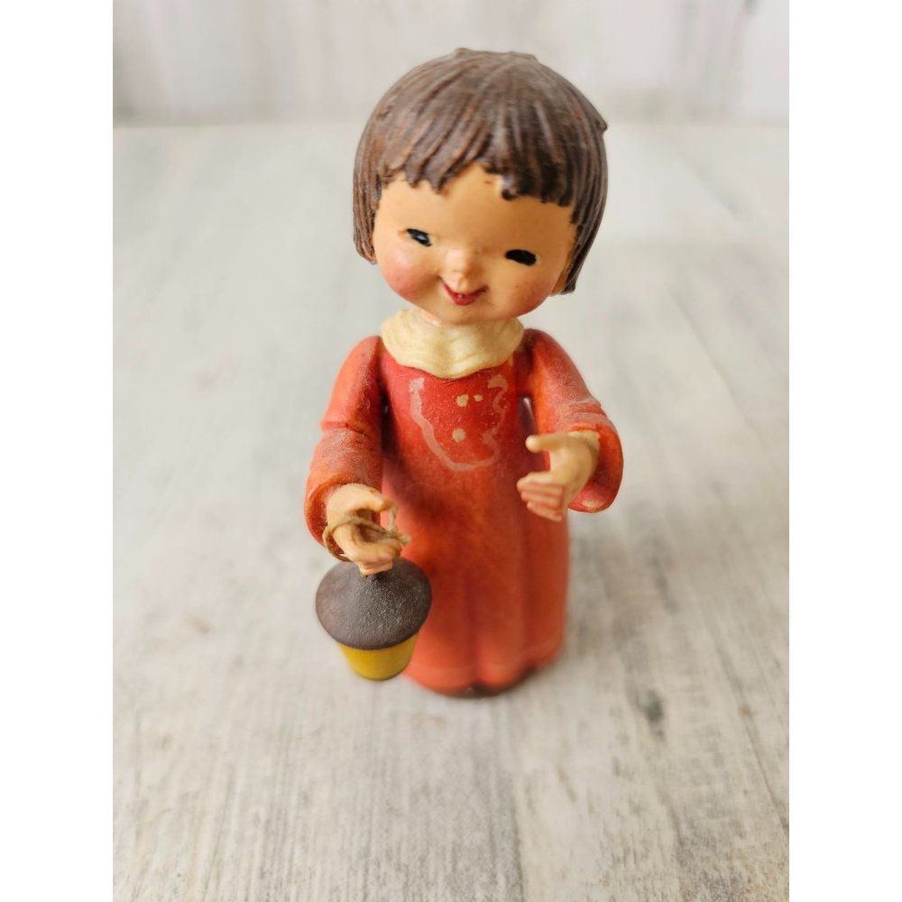 Anri girl lantern dress pink wooden vintage figurine‎